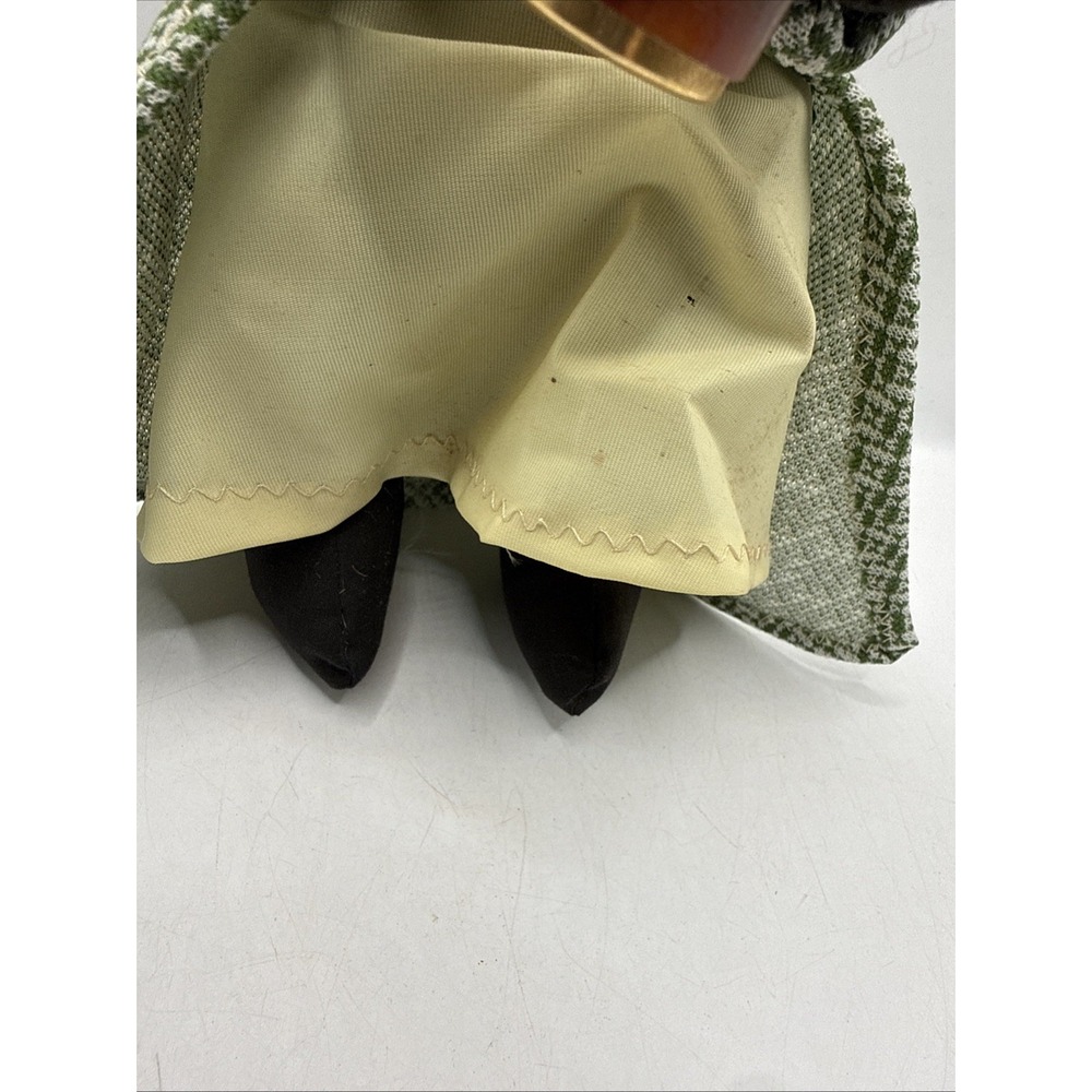Vintage Handmade Folk Art Black Cloth Doll Green Tweed Coat Dress Cup of Candy - Picture 7 of 12